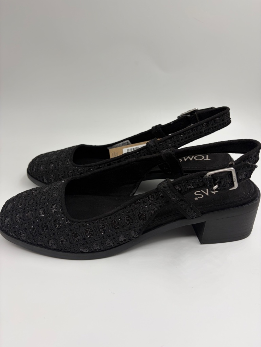 Toms Black Crochet Slingback Block Heel